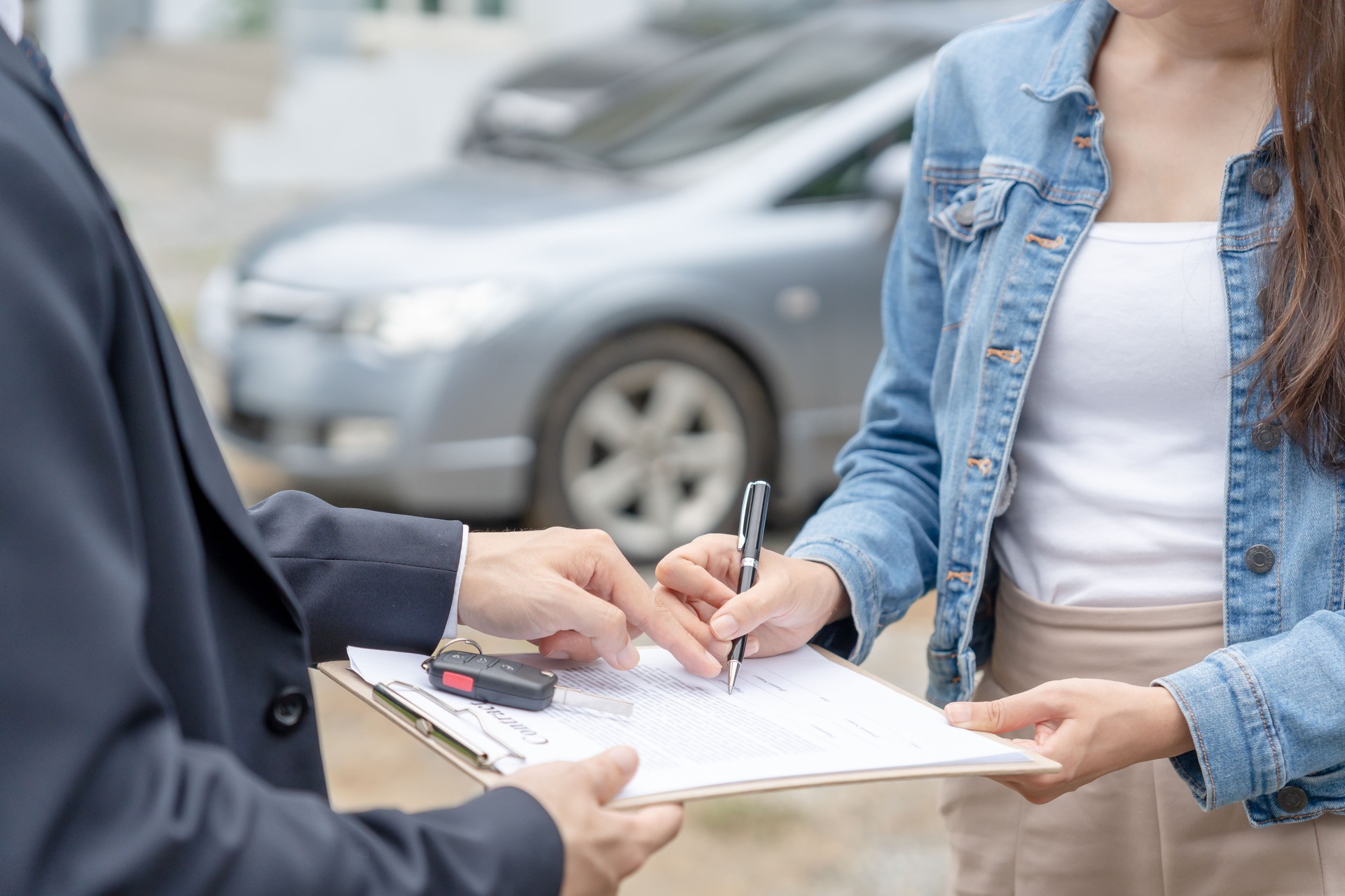 lease, rental car, sell, buy. Dealership send contract and car keys to new owner to sign. Sales, loan credit financial, rent vehicle, insurance, renting, Seller, dealer, installment, car care business